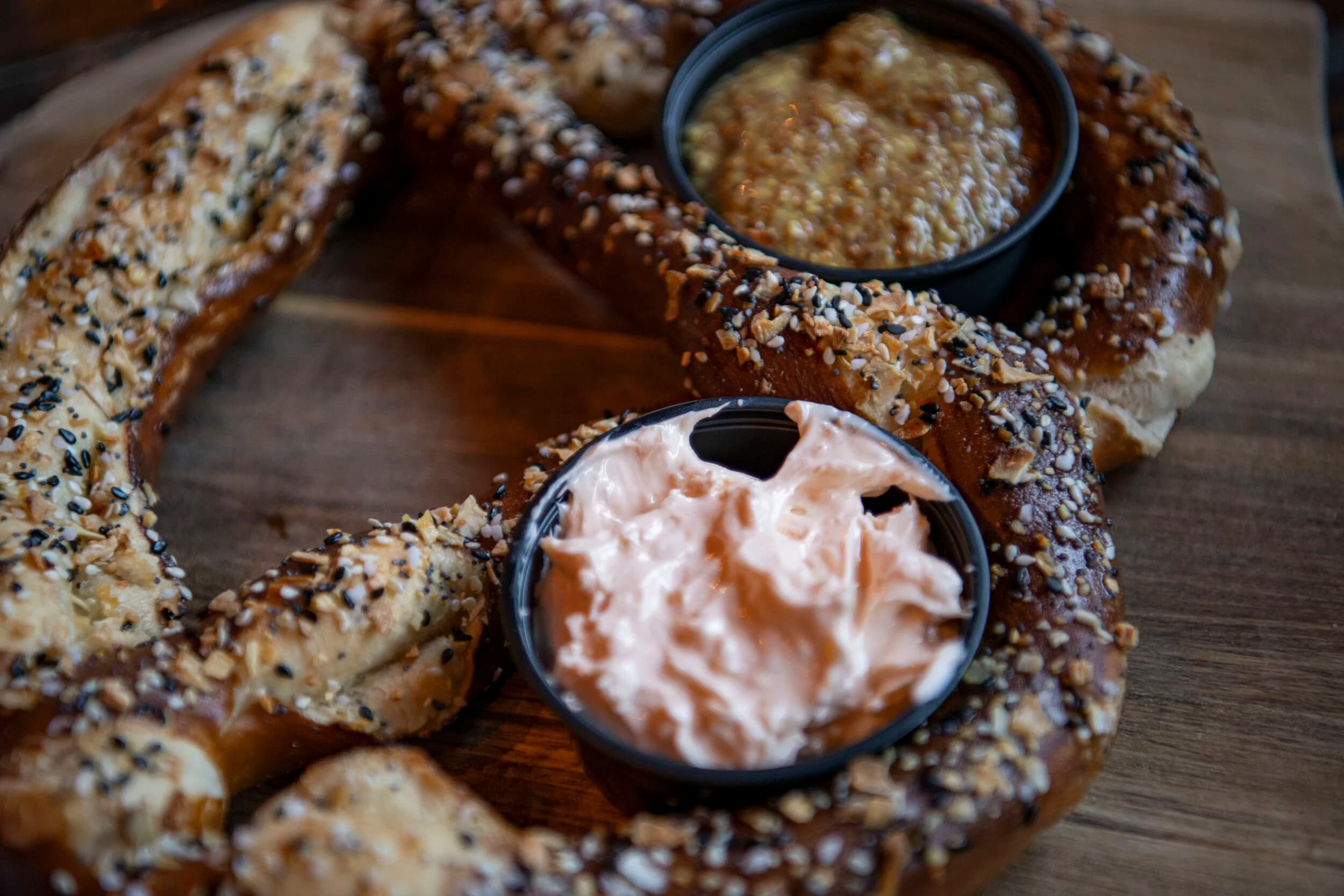 SOHA's salted jumbo pretzel with dipping sauces